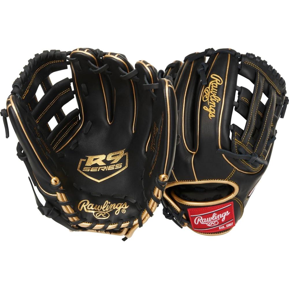 imageRawlings  R9 Series Baseball Glove  Sizes 115quot  1275quot  Multiple StylesHWeb  Black  Gold