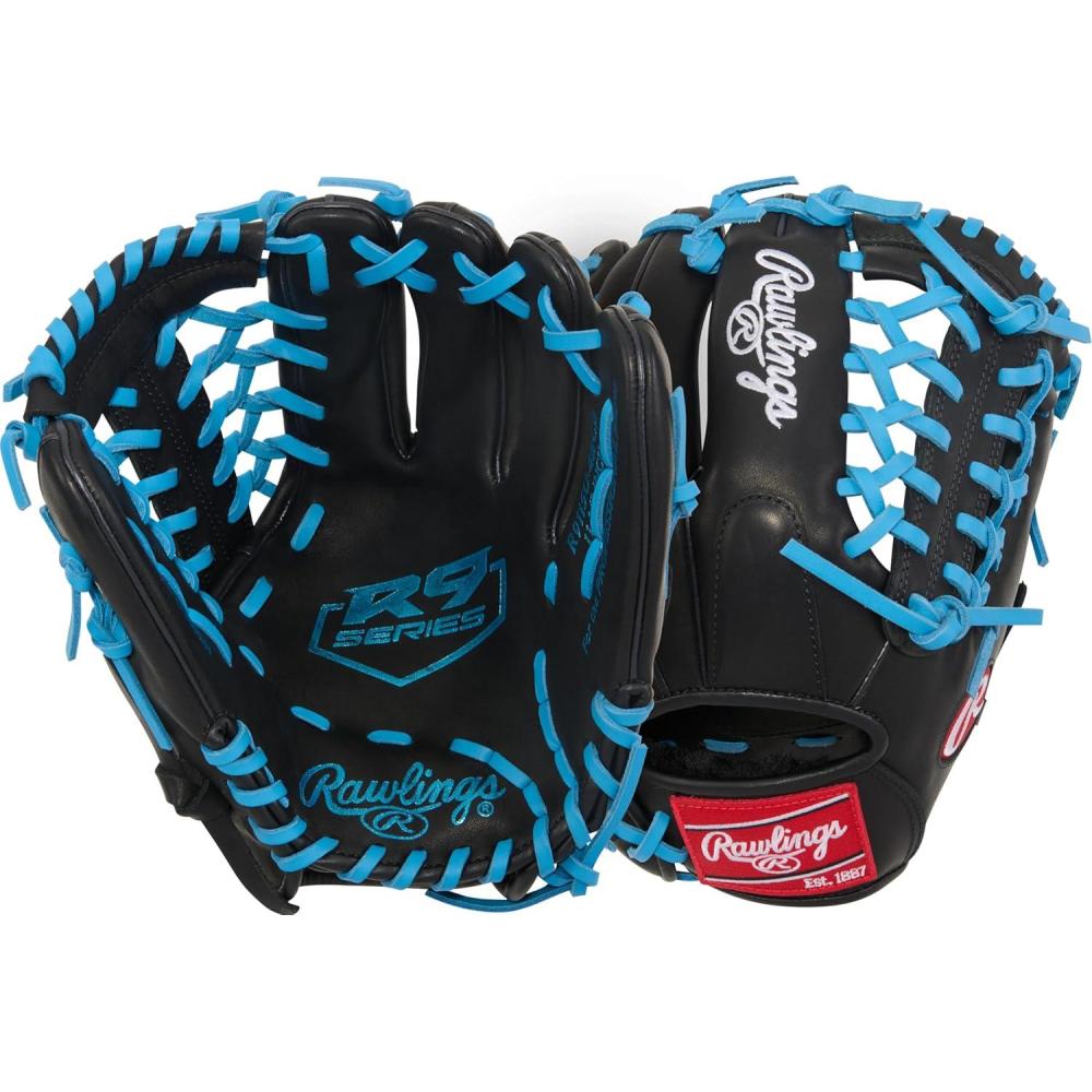 imageRawlings  R9 Youth Contour FIT Baseball Glove  Sizes 11quot  12quot  Multiple StylesBlack  Columbia Blue  Modified TrapEze Web