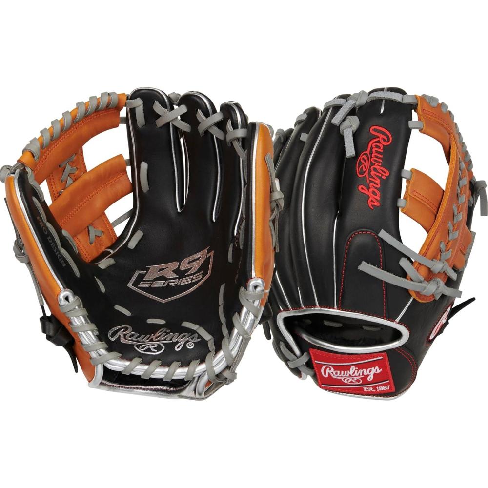 imageRawlings  R9 Youth Contour FIT Baseball Glove  Sizes 11quot  12quot  Multiple StylesBlack  Tan  Split Single Post Web