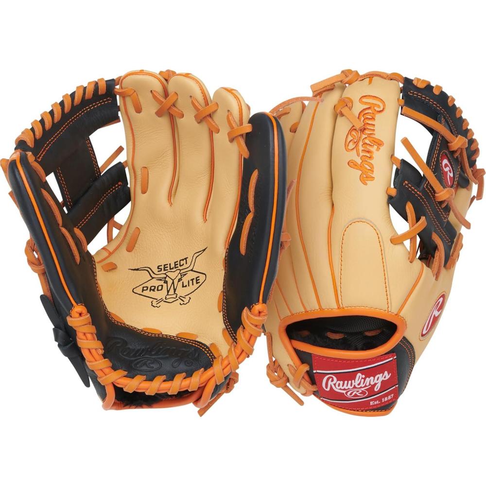 imageRawlings  Select PRO LITE Youth Baseball Glove  Pro Player Models  Sizes 105quot  1225quot  Multiple StylesJackson Holiday  Pro I Web  Camel  Black  ORANGE
