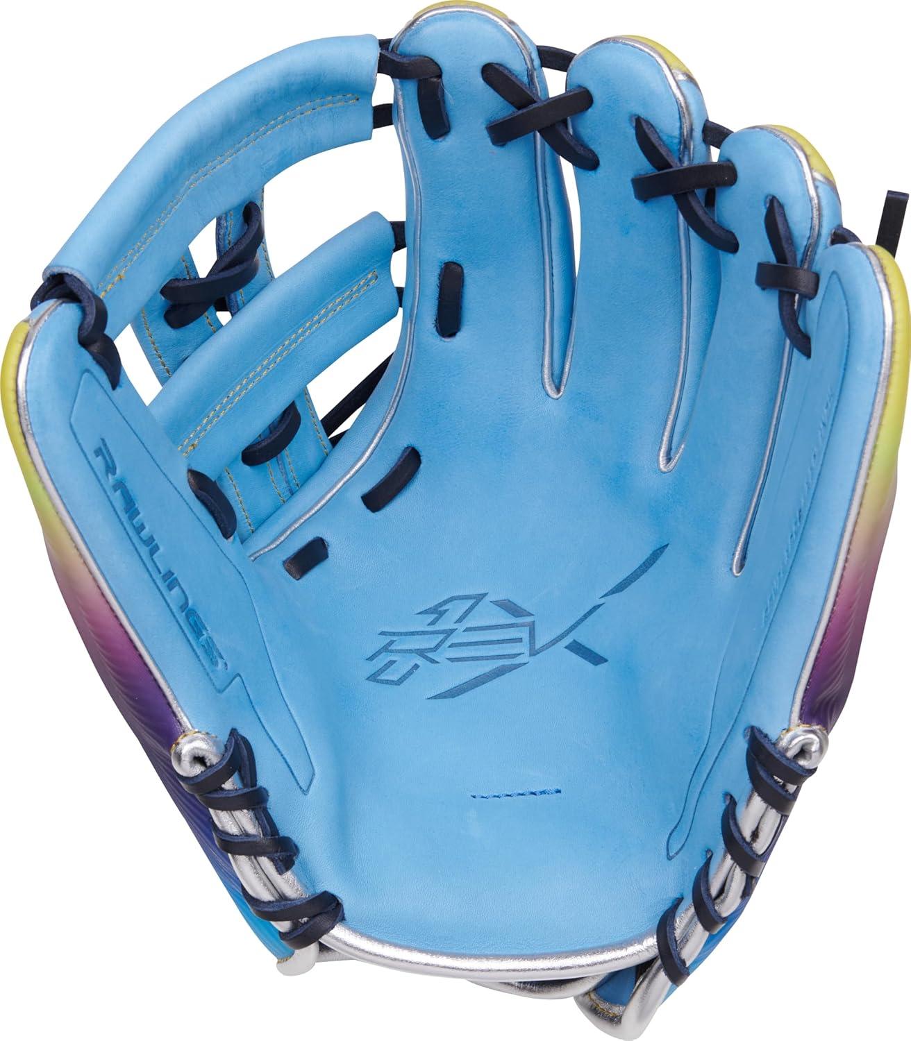 image:imageRawlings REV1X Baseball Glove Sizes 115 1275 Multiple StylesColumbia Blue Purple Yellow Split Single Post Web